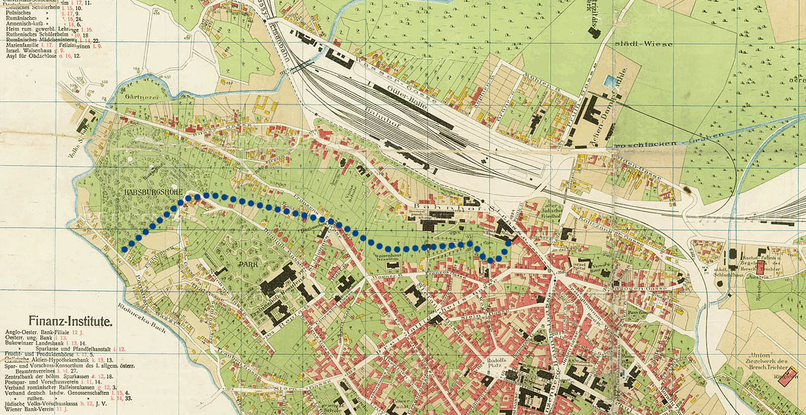Tmavě modrými puntíky je zakreslena odhadnutá trasa hlavních štol do mapy z roku 1911, kdy většinu dnešních továrních čtvrtí ještě pokrývaly zahrady. V mapce je též dobře patrná trasa tramvaje od nádraží do centra města.