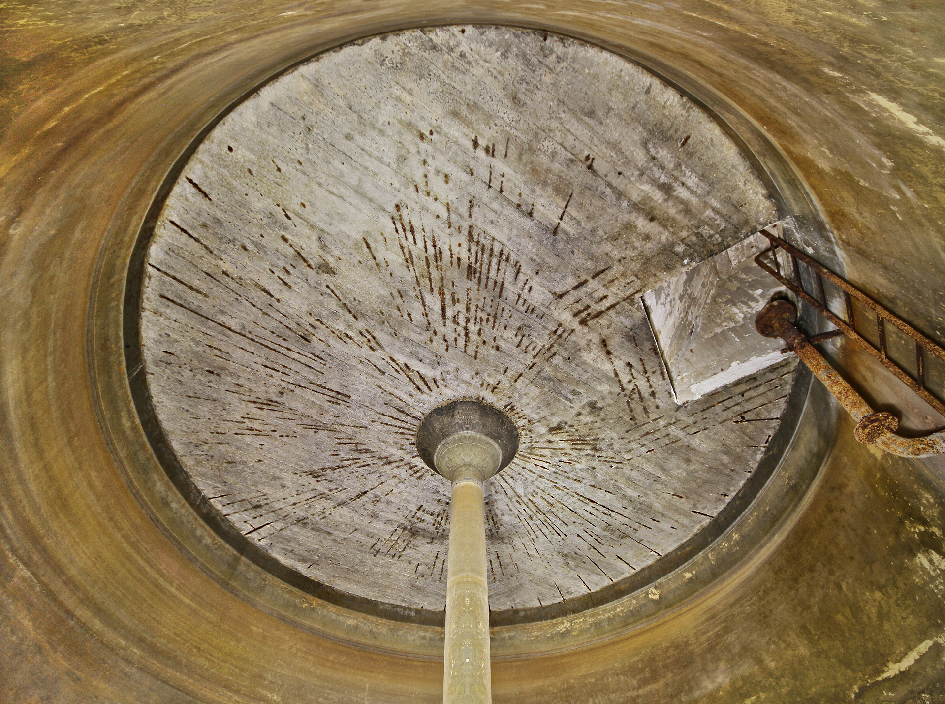 Širokoúhlý objektiv umožňuje zabrat z podlahy celý kruhový strop nádrže. Samozřejmě za cenu mírného zkreslení světa okolo…