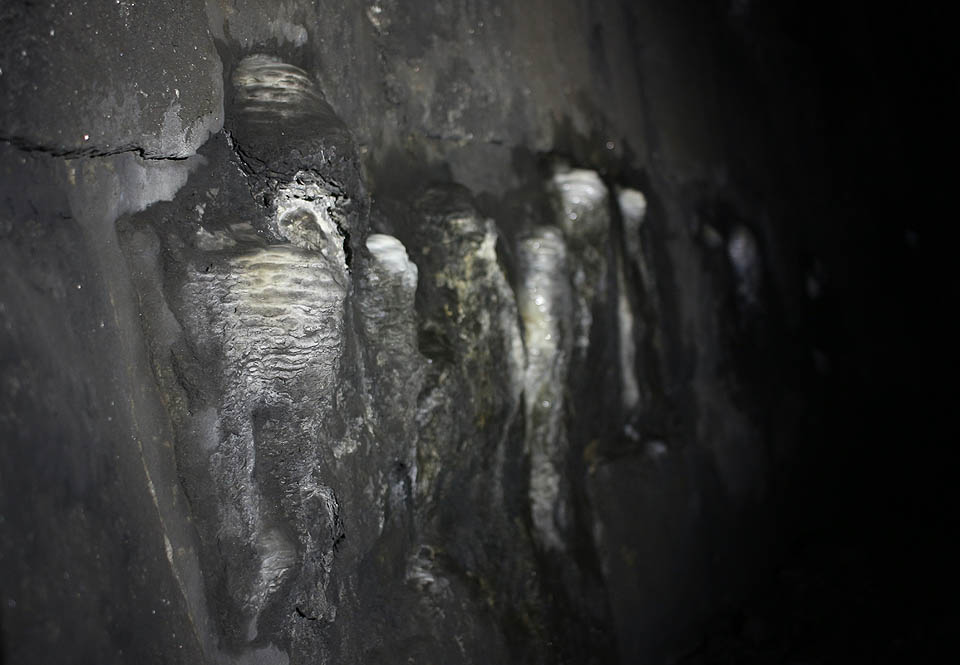 Na mnoha místech se v tunelu tvoří vápenaté krápníky vznikající zřejmě usazováním rozpuštěných solí z betonu zpevňujícího tunelové klenutí.