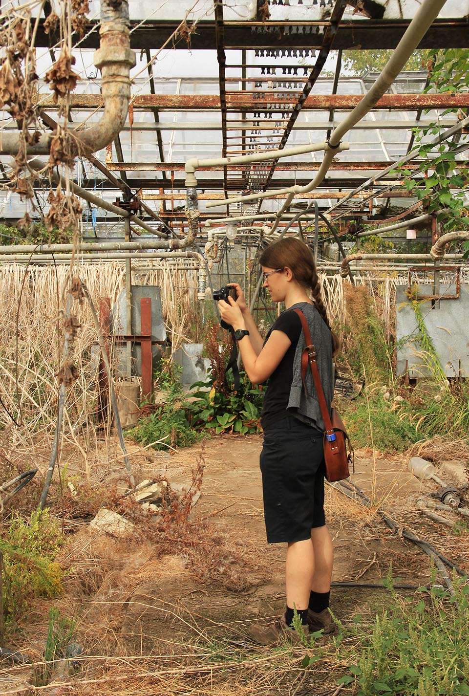 Odvážná školačka fotí organické propletence zdivočelých rostlin.