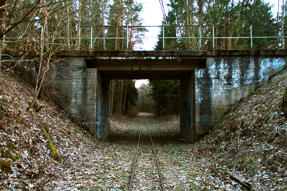 Křížení společné jižní a střední větve drážky se zrušenou normálněrozchodnou tratí Hajnówka–Bialowieża.