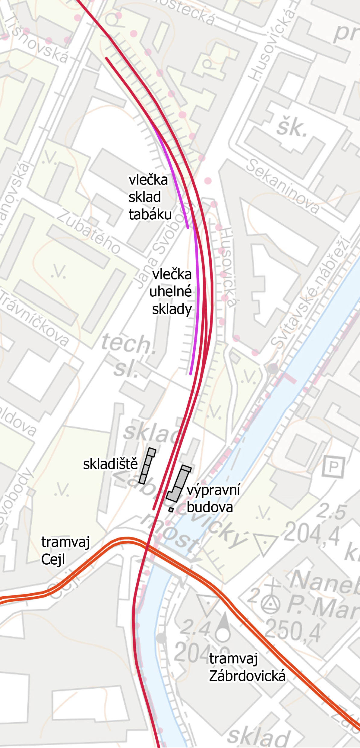 Na plánku z roku 2021 je vyznačena červeně původní dráha včetně kolejiště stanice, růžově dvojice z ní odbočujících vleček a oranžově tramvajová trať na Starou Osadu.