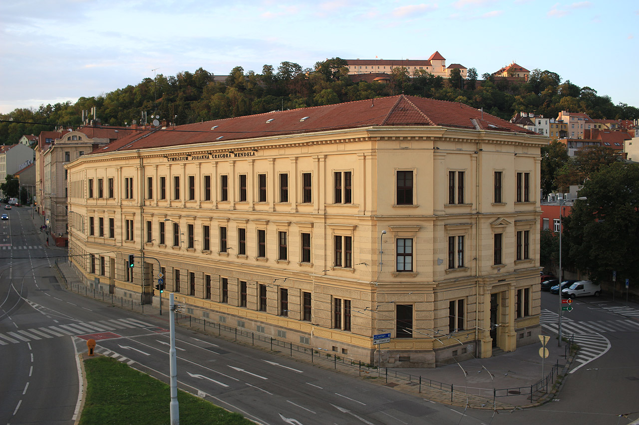 Dnešní německé gymnázium vyrostlo po roce 1896 na místě skupiny pitoreskních domků krčících se nad hladinou Svrateckého náhonu.