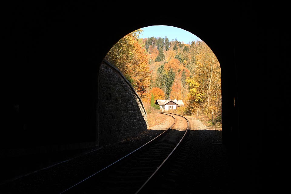 Pohled na vechtrovnu skrze severní portál Domašovského tunelu.
