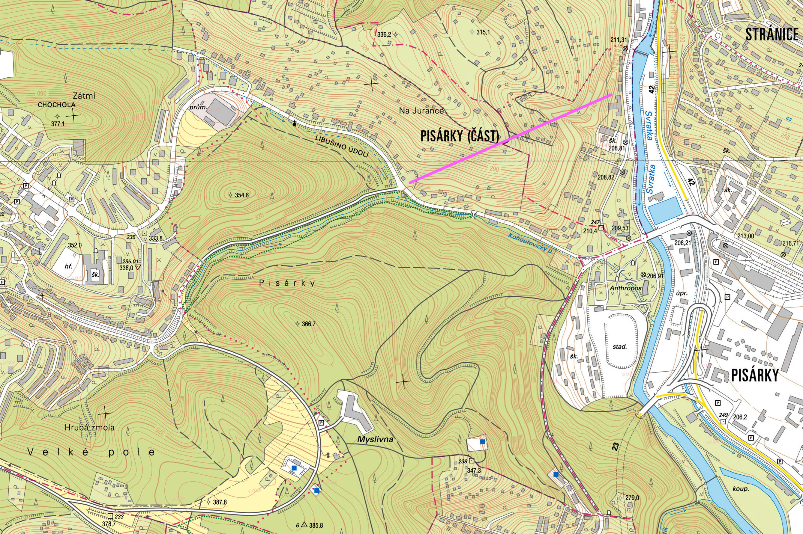 Nejnižší část stoky B09 vedená štolou pod kopcem Jurankou je na mapce Brna vyznačena růžovou barvou.