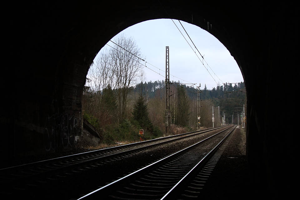 Pohled z tunelu směrem k jihu do potemnělé oblasti pramenišť, kterým musela ustoupit vesnice Muzlov, jež dala tunelu jméno. Od té doby je tu ponuré ticho.