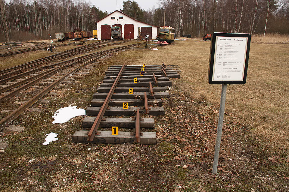 Na vzorníku některých železničních rozchodů v muzeu lze pozorovat koleje od nejužích (1) 600 mm používaných v dolech a na průmyslových tratích, přes standardní sovětské úzkokolejky (2) 750 mm, případně bosenský rozchod 760 mm nebo variantu 762 mm použitou na dráze do estonské Kundy, méně obvyklých (3) 900 m použitých v nedalekém Viru a australsko-japonských (4) 1067 mm, použitých také pro tramvaje v Tallinu, standardních (5) 1435 mm, sovětských (6) 1520 mm a nakonec (7) 1668 mm používaných ve Španělsku a Portugalsku či 1676 mm používaných v Indii, Pákistánu, Chile a Argentině.