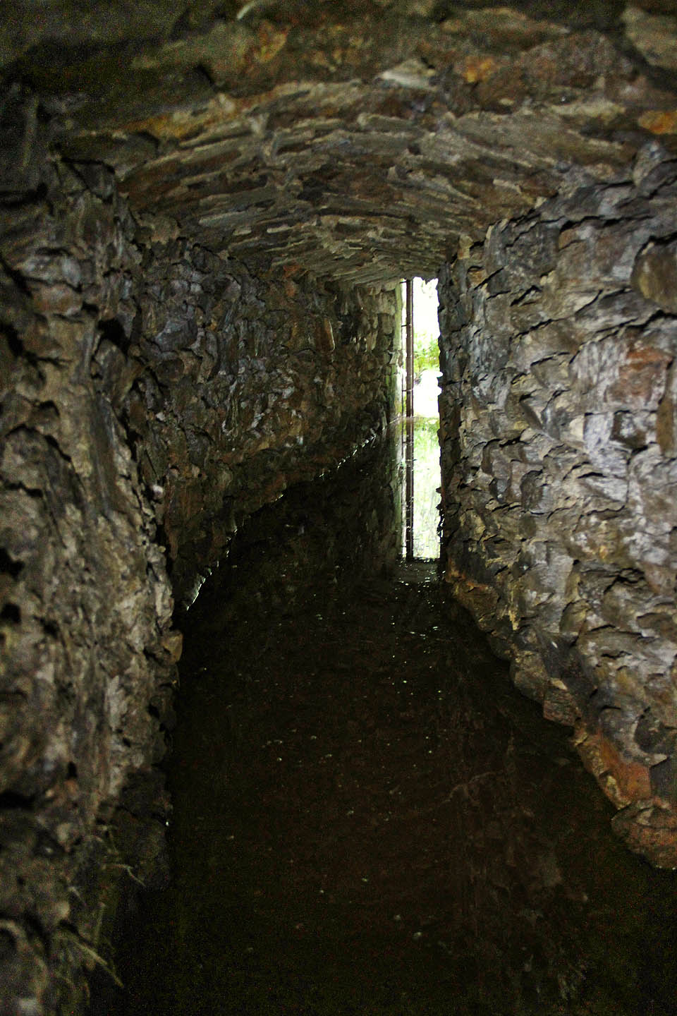 Úvodní část štoly je vyzděná z kamene a do výšky několika desítek cm zaplavená zahnívající důlní vodou.