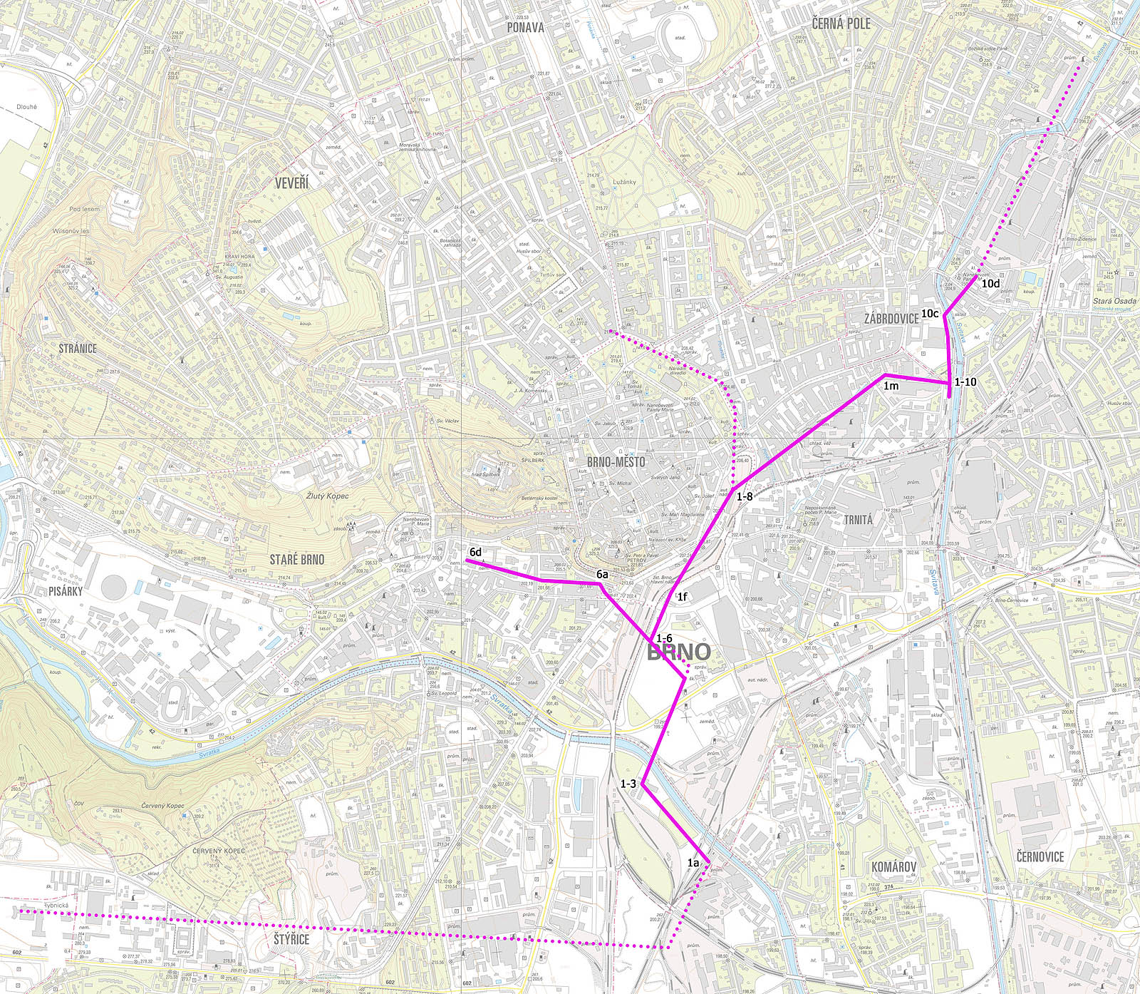 Na přibližné mapce superkolektoru (zakrelené podle vlastního průzkumu v chodbách pod městem) je vyznačena plnou čárou část vyražených chodeb (pravděpodobně jde o průzkumný profil, který měl být posléze rozšířen) a tečkovaně pravděpodobné verze rozšíření. Čísla v mapce odpovídají značení úseků nebo bodů v chodbách a mohla by tak označovat pořadí větví od místa započetí ražby u dolního nádraží.