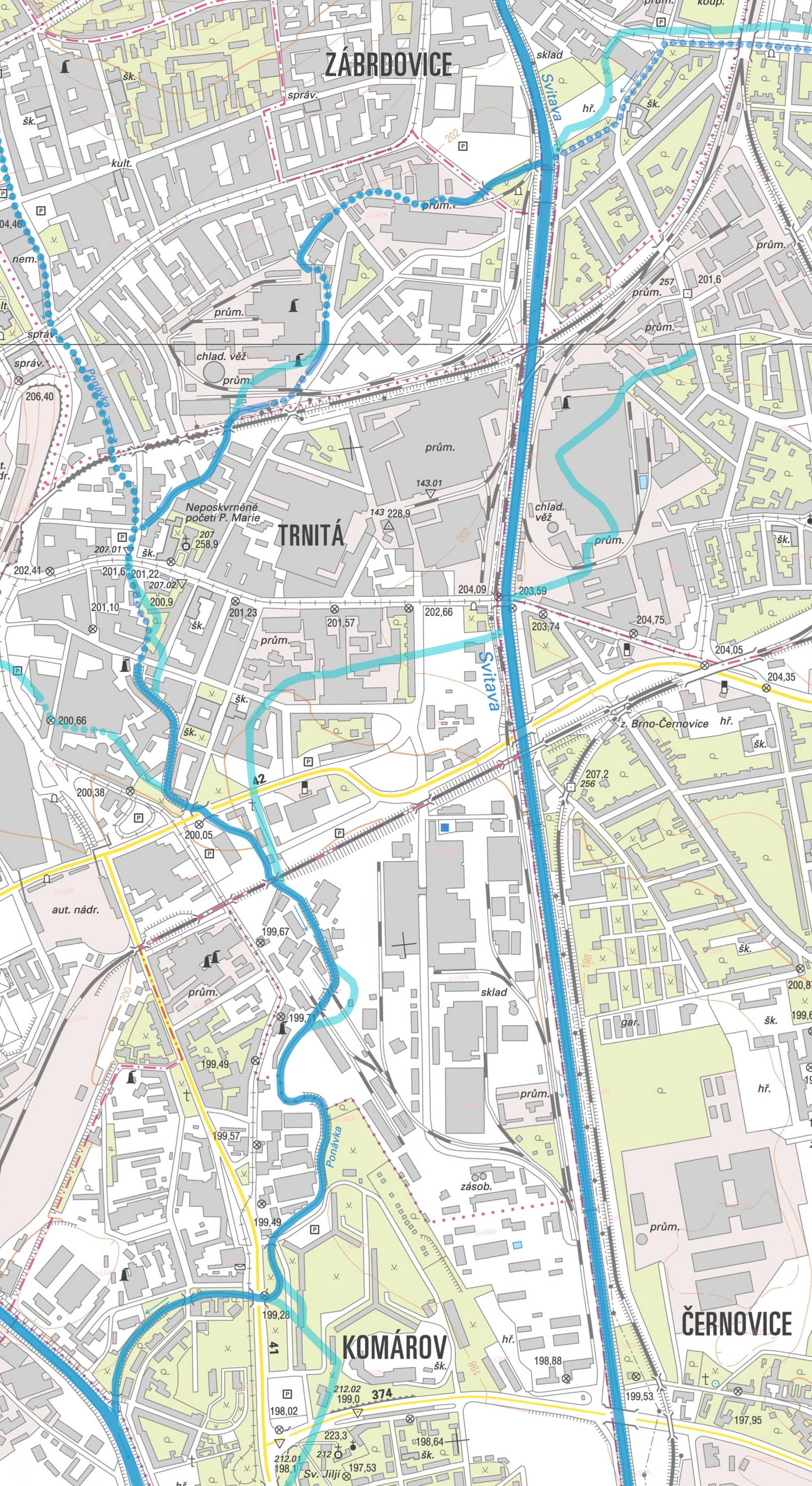 Zakreslení Svitavského náhonu na plánu města Brna z roku 2016 bez popisků.