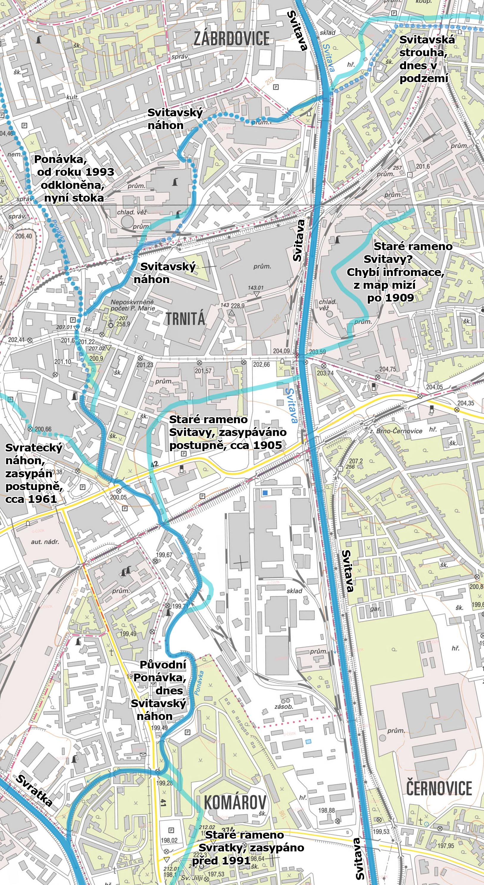 Zakreslení Svitavského náhonu na plánu města Brna z roku 2016.