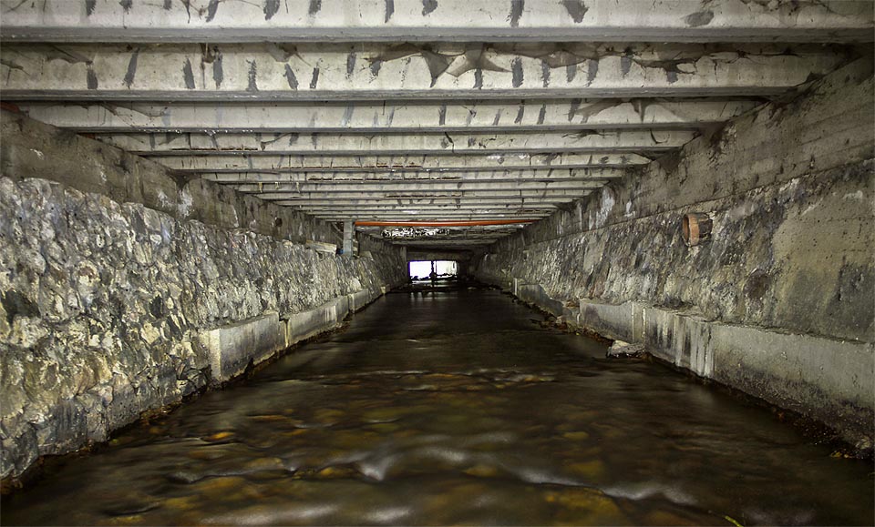 Horní část tunelu pod továrním areálem má kamenné zdi a betonový strop. Dno je přírodní, vymleté a kamenité.