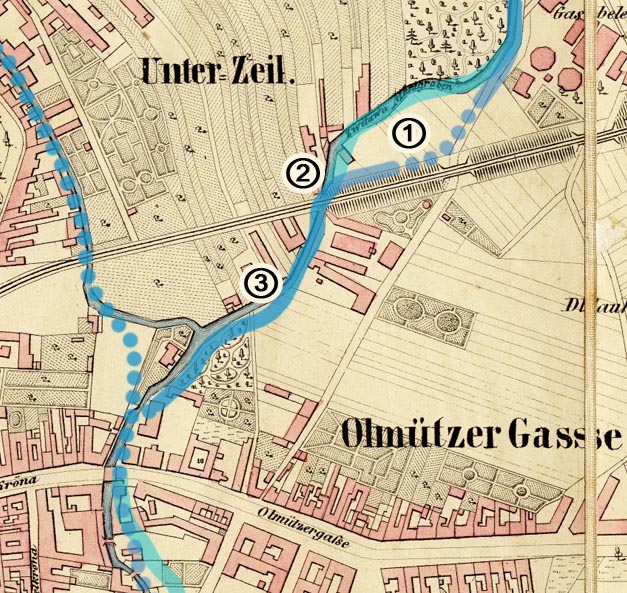 V roce 1858 ještě většina dnešních ulic a továren neexistovala a Svitavský náhon protékal mezi zahradami v zadních traktech brněnských textilek v otevřeném korytě. Jeho tok křížila pouze dráha a v oblasti tunelu ① protékal „Zwitawa Mühlgraben“ poněkud severněji než dnes.