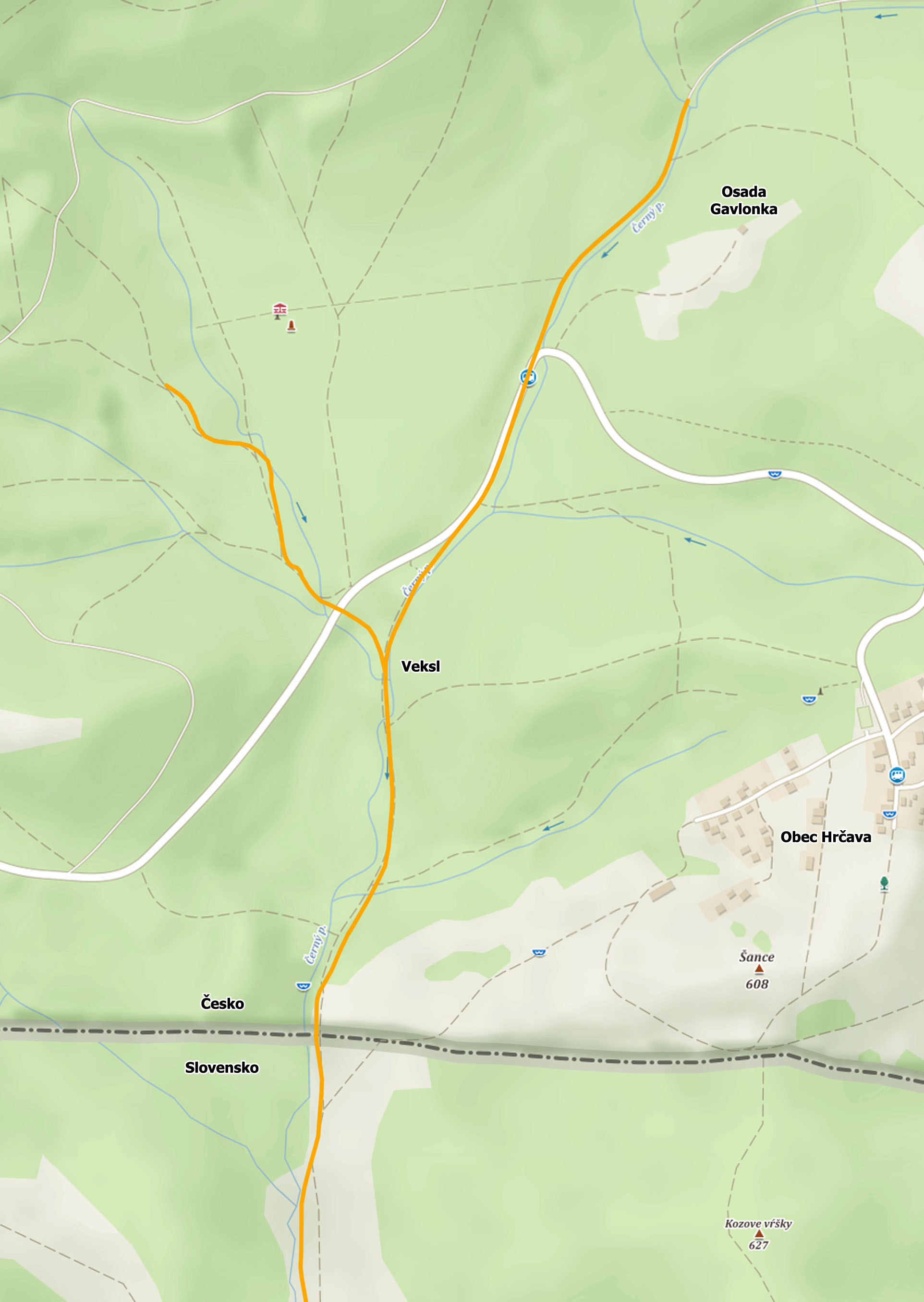 Rekonstrukce české části trasy úzkokolejky provedená na základě leteckých snímků, map a průzkumu pozůstatků drážky v terénu. Zatímco trasa od hranice po Veksl je poměrně spolehlivě odvoditelná, rozsah obou koncových větví v horských údolích lze zjistit jen s obtížemi.