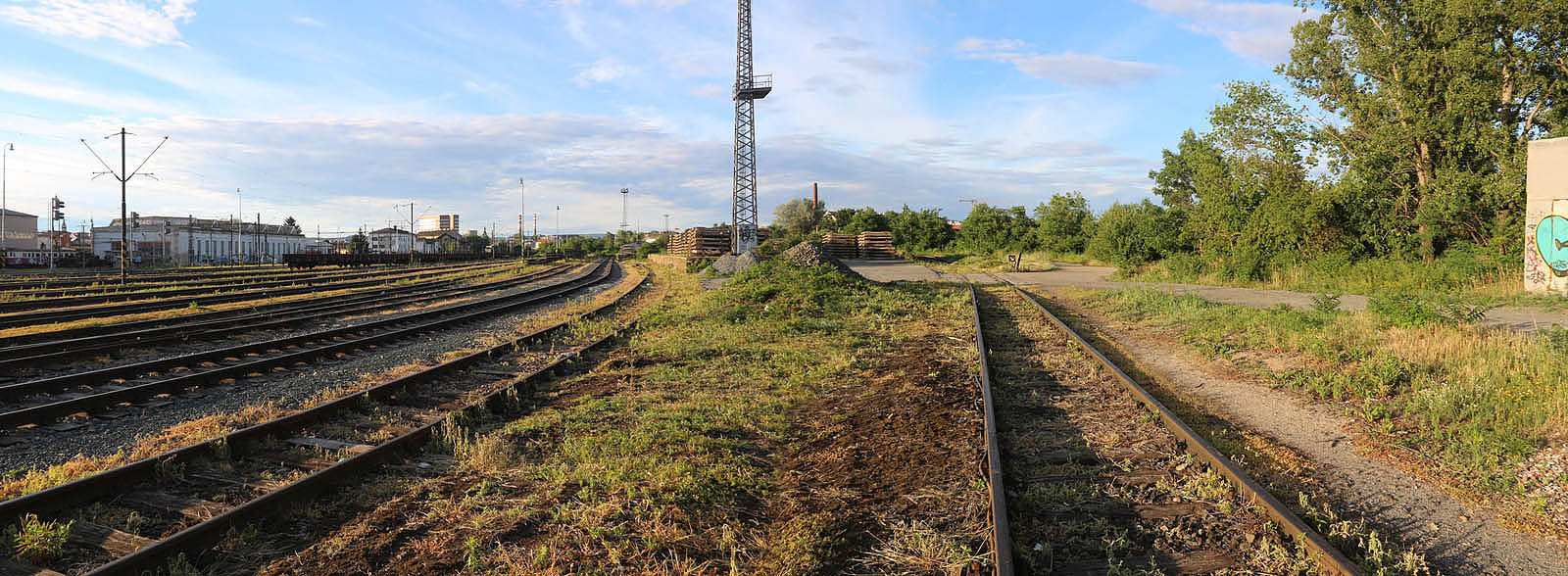 Pláň romanticky tajemné stanice Brno dolní nádraží vlevo, její kolej č. 38 vpravo a místo (před přejezdem v pravé horní části snímku), kde odbočovala vlečka do komárovských skladů. Tak vypadá opuštěné kolejiště v roce 2017.