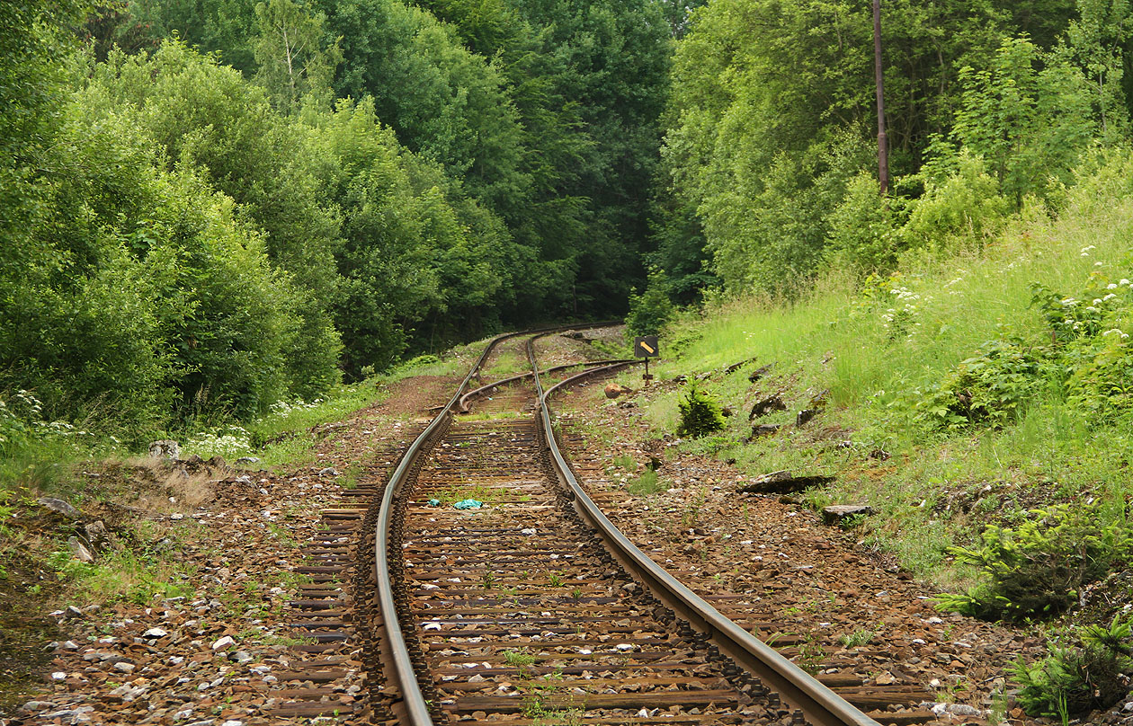 Pohled na výhybku K1 (K jako kamenolom) ve směru od stanice Horní Lipová.
