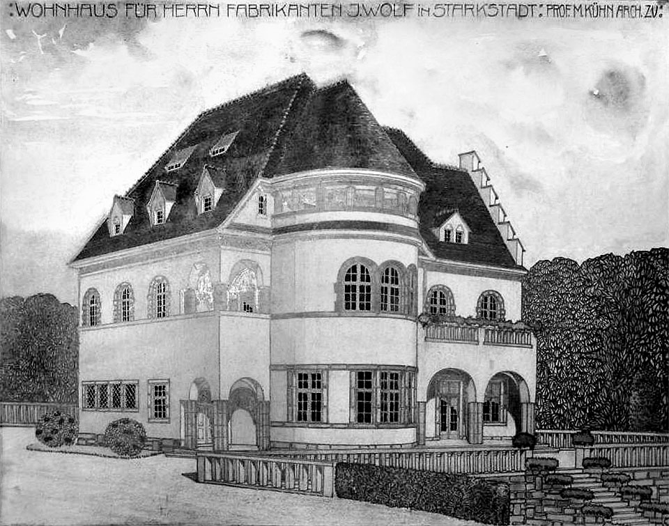 Takto měla vypadat Wolfova vila podle původního návrhu Maxe Kühna. Změn doznala terasa i zubatý štít na pravé straně domu.